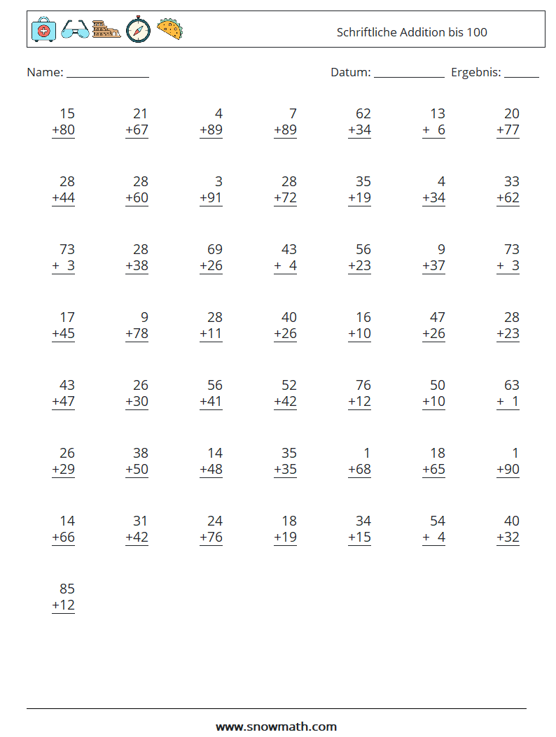 (50) Schriftliche Addition bis 100 Mathe-Arbeitsblätter 5