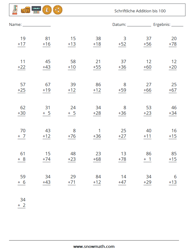 (50) Schriftliche Addition bis 100 Mathe-Arbeitsblätter 6