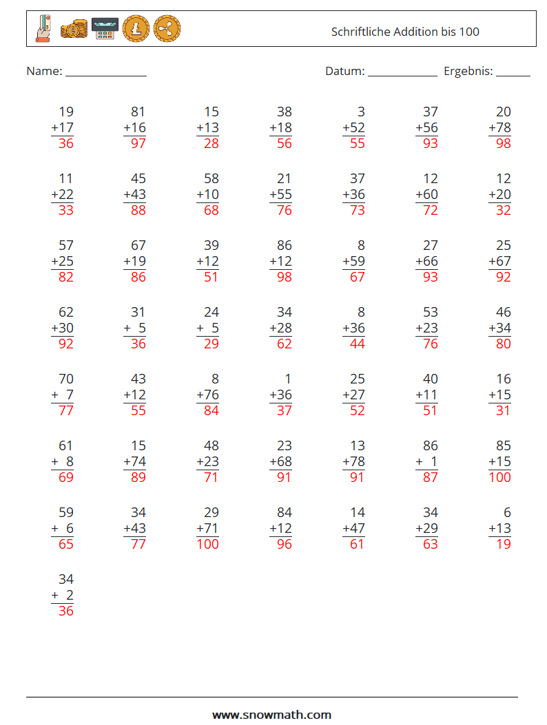 (50) Schriftliche Addition bis 100 Mathe-Arbeitsblätter 6 Frage, Antwort