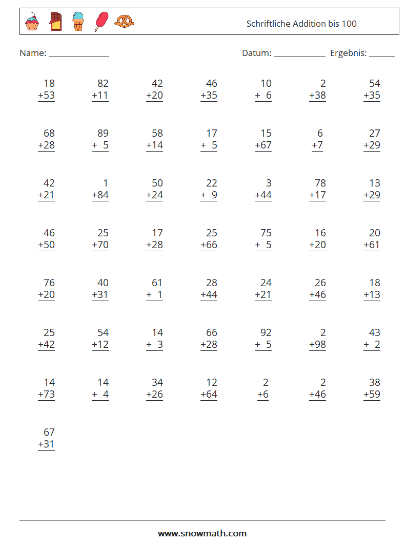 (50) Schriftliche Addition bis 100 Mathe-Arbeitsblätter 7