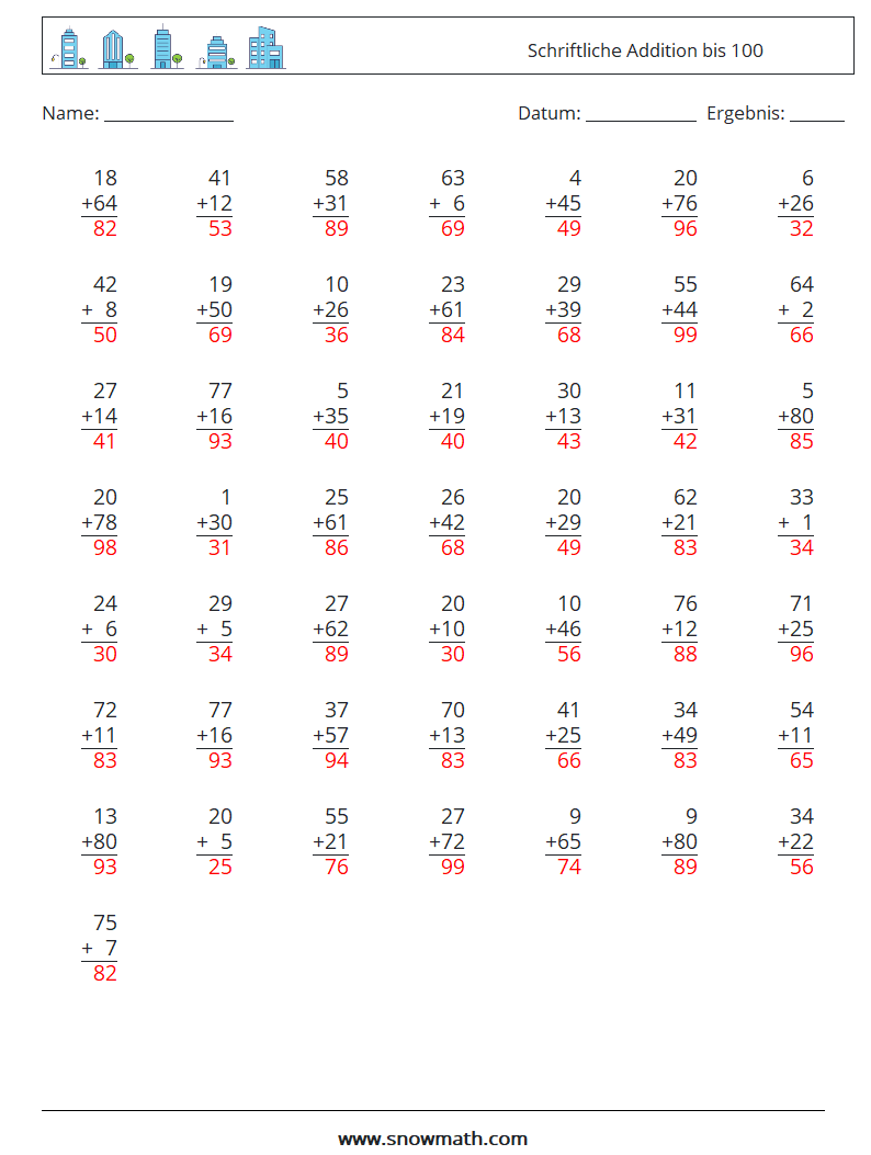 (50) Schriftliche Addition bis 100 Mathe-Arbeitsblätter 8 Frage, Antwort