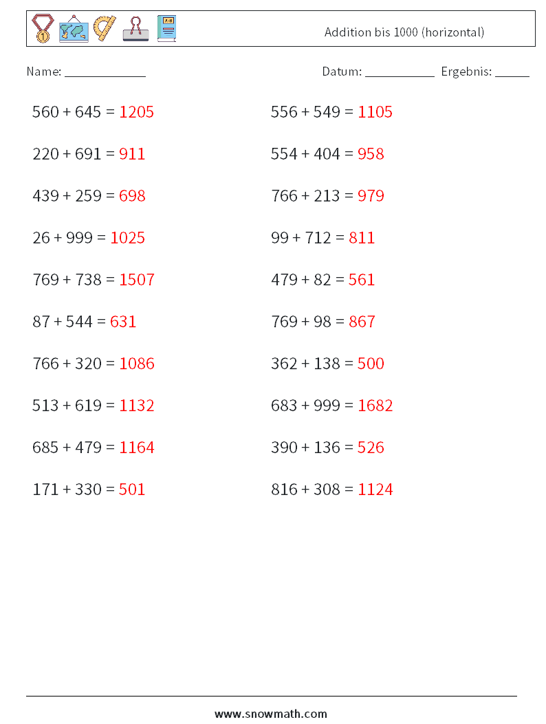 (20) Addition bis 1000 (horizontal) Mathe-Arbeitsblätter 1 Frage, Antwort