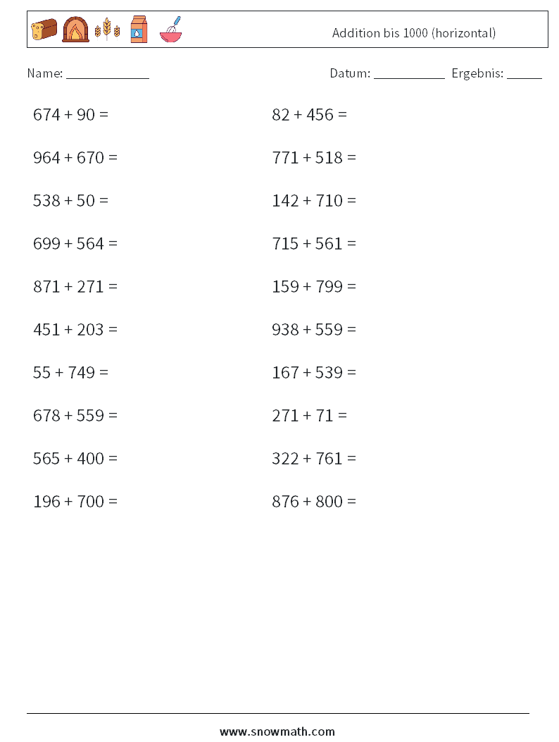 (20) Addition bis 1000 (horizontal) Mathe-Arbeitsblätter 2
