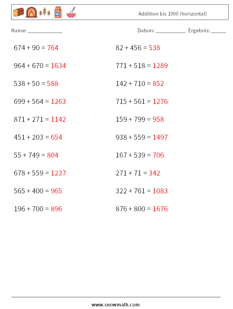 (20) Addition bis 1000 (horizontal) Mathe-Arbeitsblätter 2 Frage, Antwort