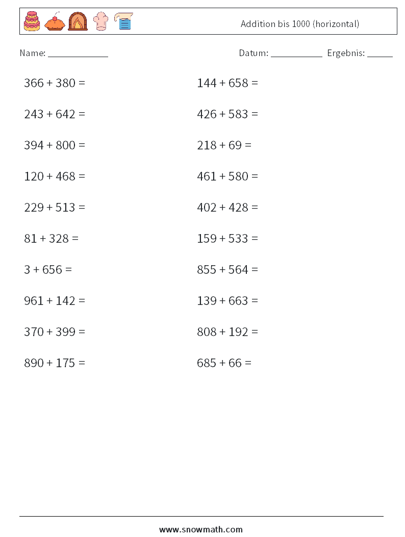 (20) Addition bis 1000 (horizontal) Mathe-Arbeitsblätter 3