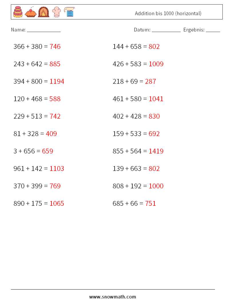 (20) Addition bis 1000 (horizontal) Mathe-Arbeitsblätter 3 Frage, Antwort