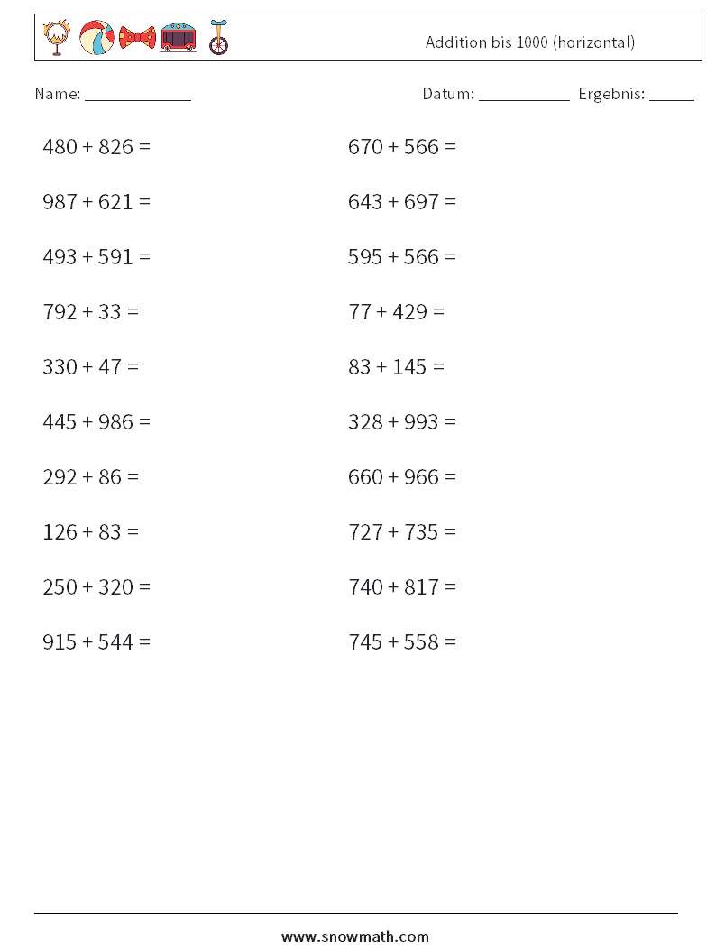 (20) Addition bis 1000 (horizontal) Mathe-Arbeitsblätter 4