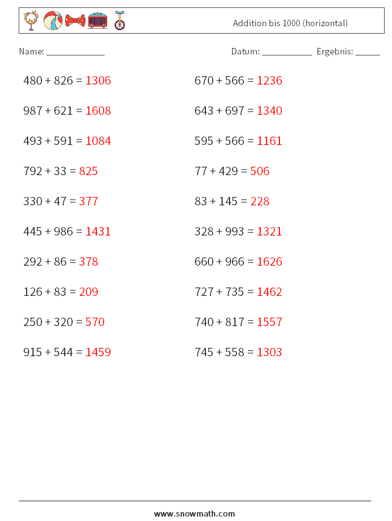 (20) Addition bis 1000 (horizontal) Mathe-Arbeitsblätter 4 Frage, Antwort