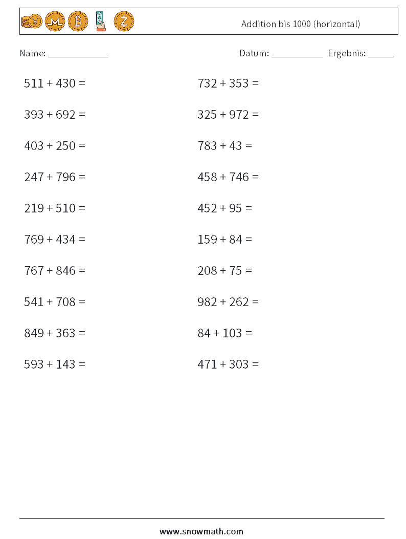 (20) Addition bis 1000 (horizontal) Mathe-Arbeitsblätter 5