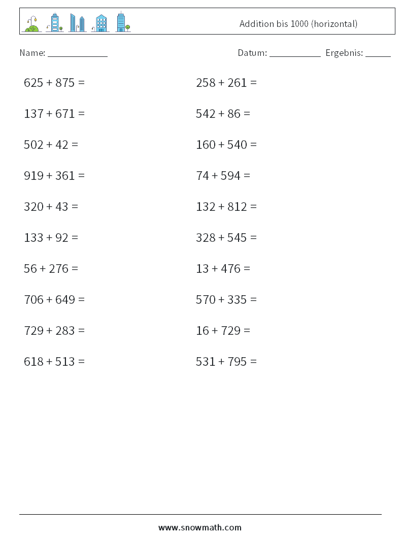 (20) Addition bis 1000 (horizontal) Mathe-Arbeitsblätter 6