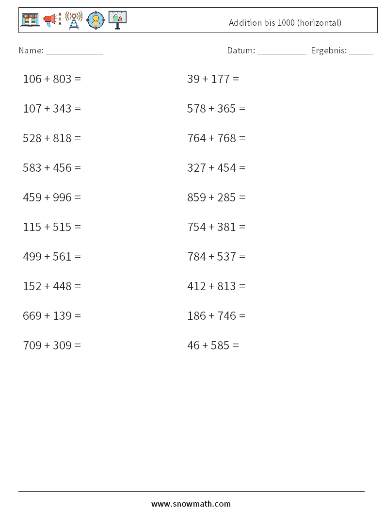 (20) Addition bis 1000 (horizontal) Mathe-Arbeitsblätter 8