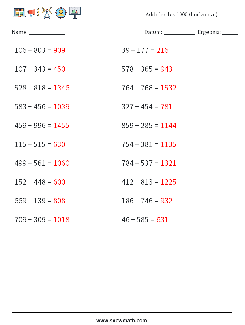 (20) Addition bis 1000 (horizontal) Mathe-Arbeitsblätter 8 Frage, Antwort