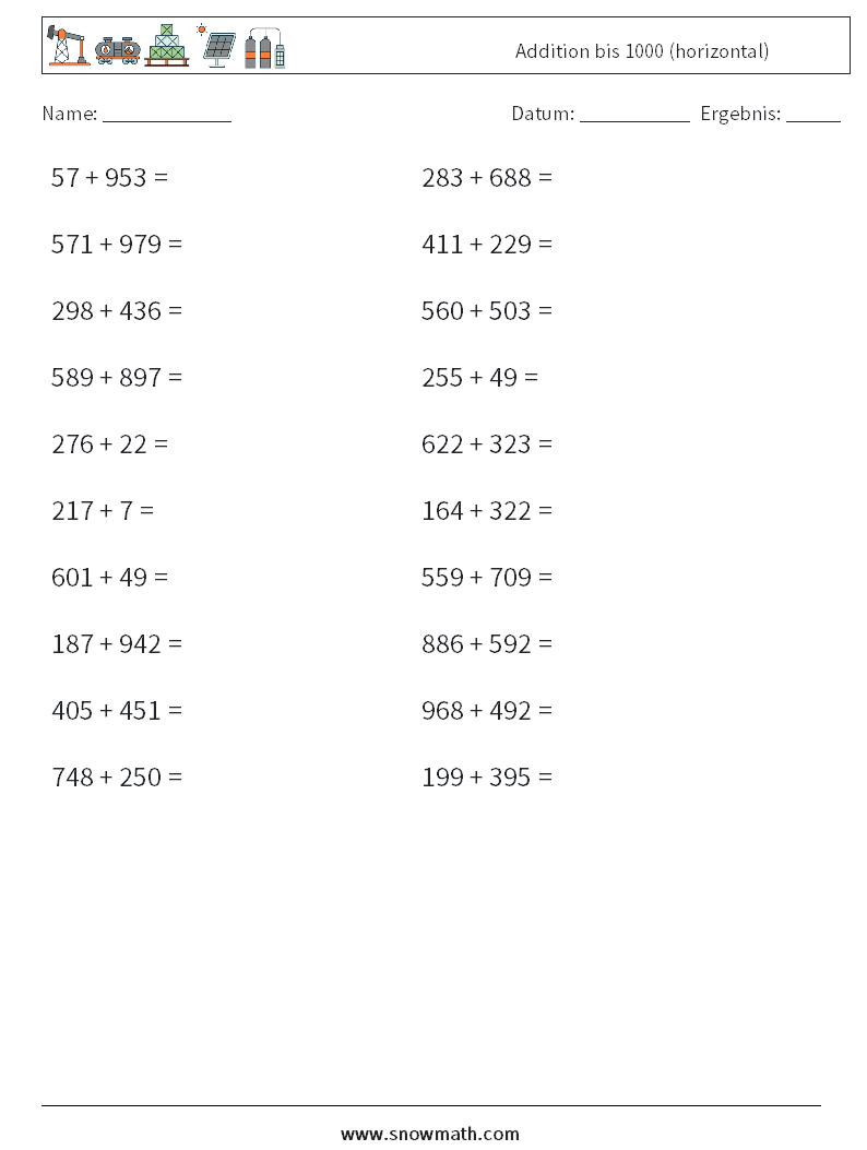 (20) Addition bis 1000 (horizontal) Mathe-Arbeitsblätter 9