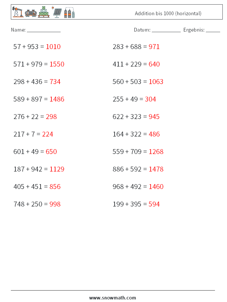 (20) Addition bis 1000 (horizontal) Mathe-Arbeitsblätter 9 Frage, Antwort