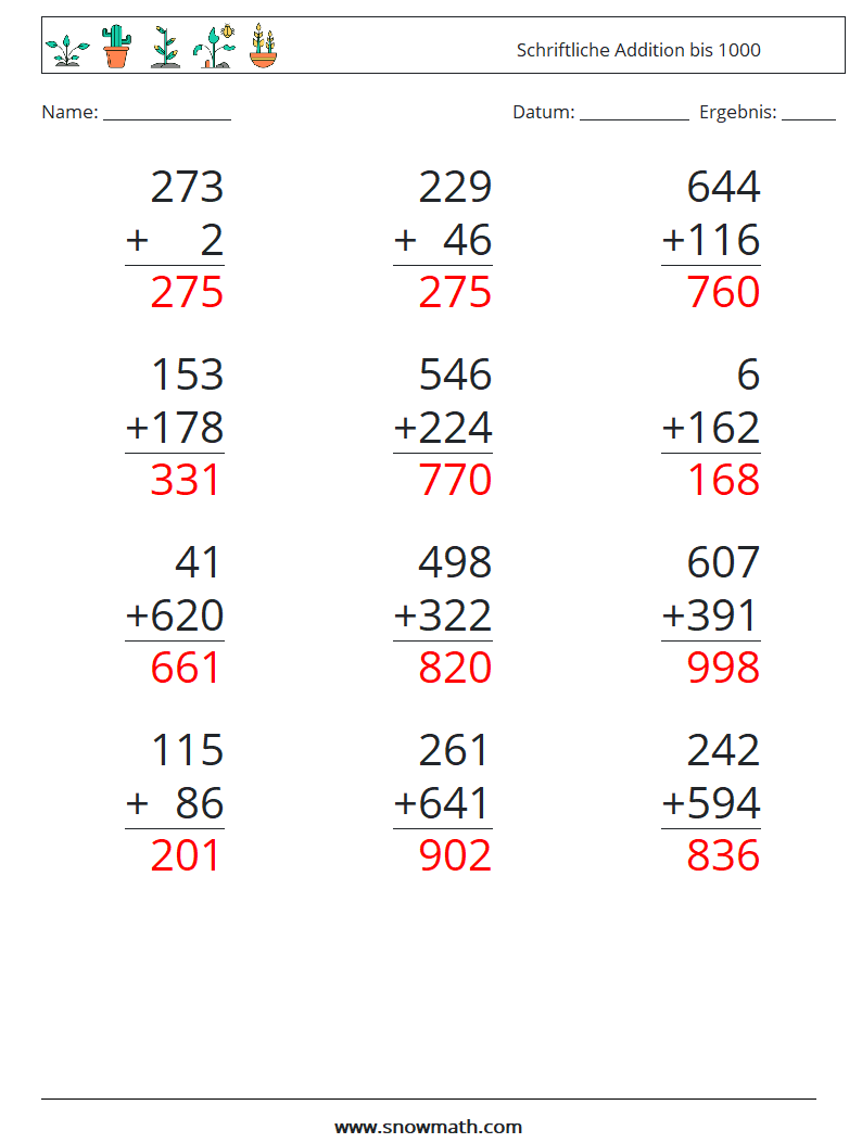 (12) Schriftliche Addition bis 1000 Mathe-Arbeitsblätter 15 Frage, Antwort