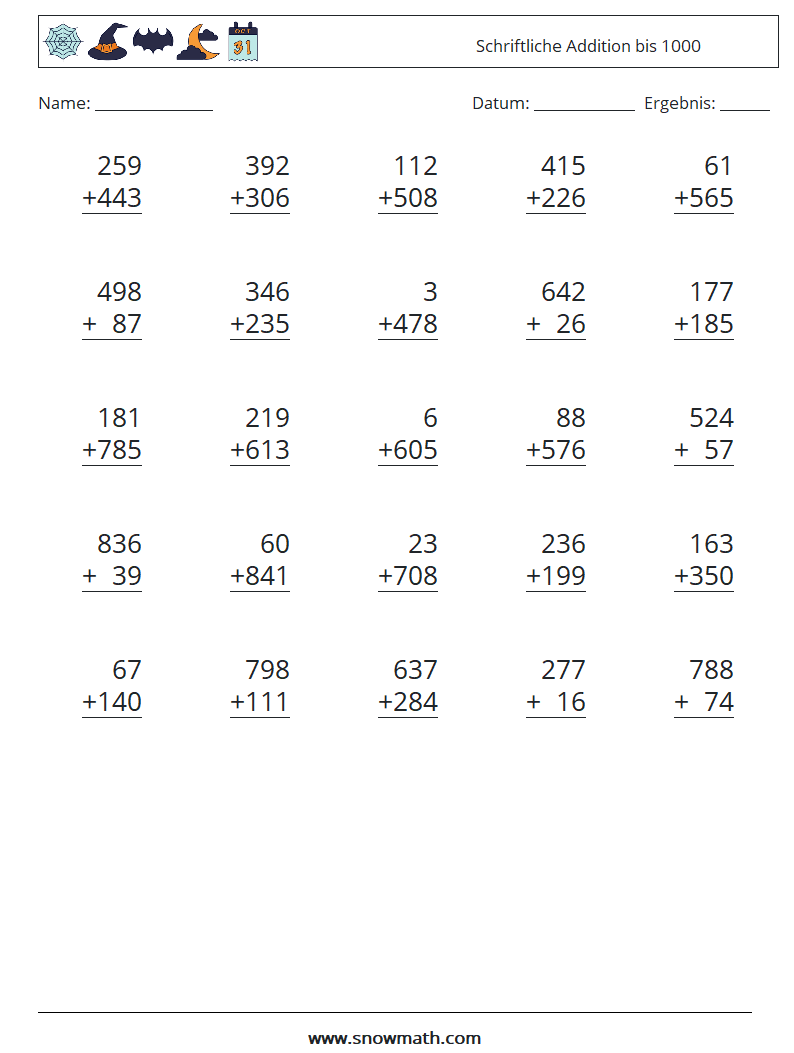 (25) Schriftliche Addition bis 1000 Mathe-Arbeitsblätter 10