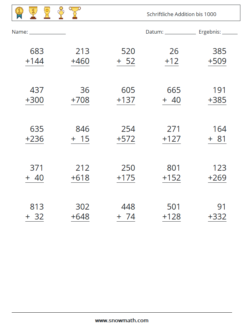 (25) Schriftliche Addition bis 1000 Mathe-Arbeitsblätter 12