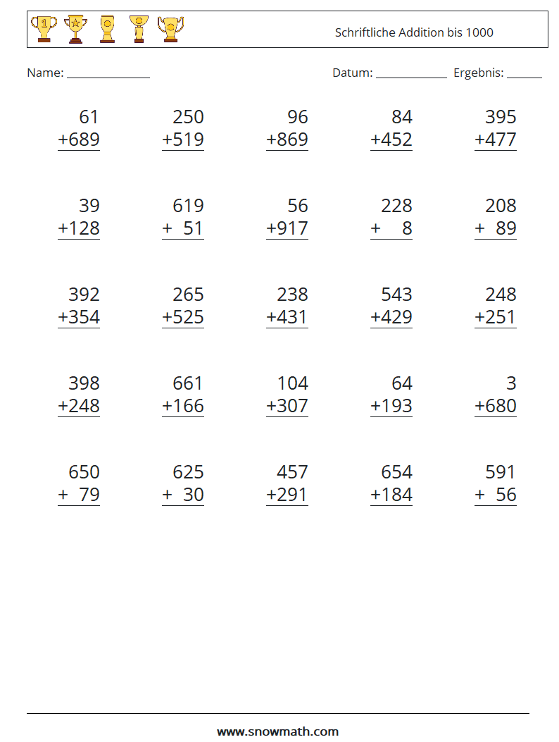 (25) Schriftliche Addition bis 1000 Mathe-Arbeitsblätter 13