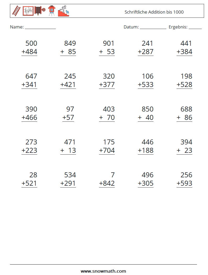 (25) Schriftliche Addition bis 1000 Mathe-Arbeitsblätter 14
