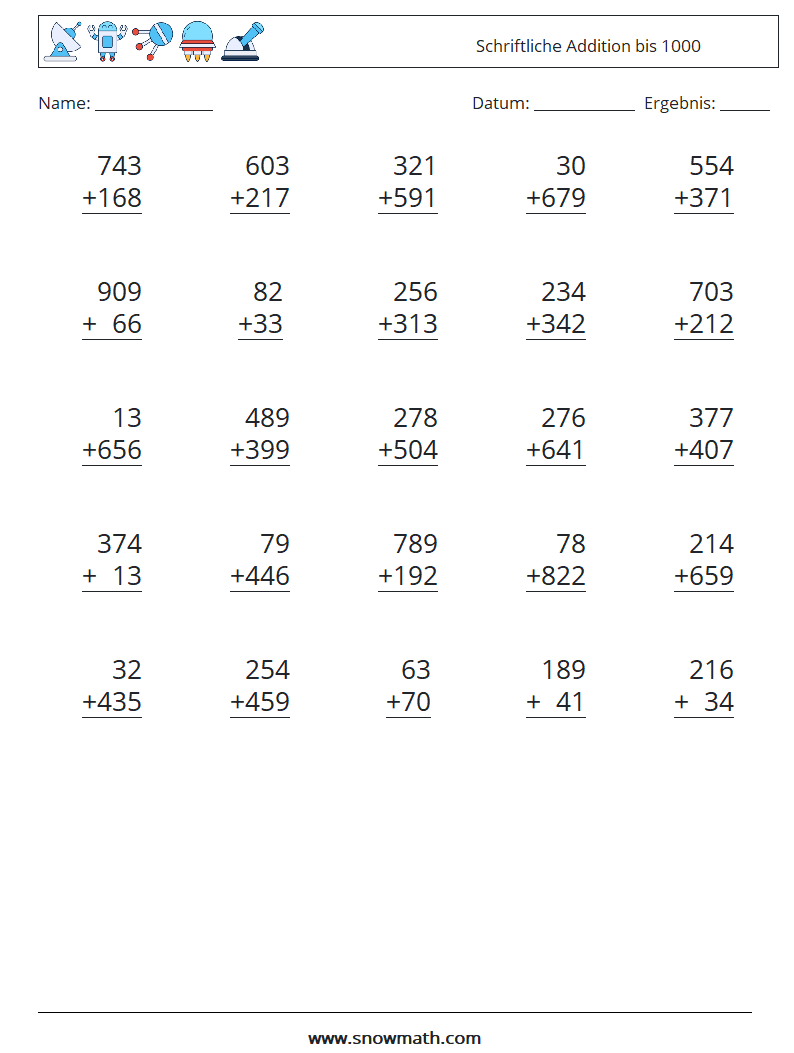 (25) Schriftliche Addition bis 1000 Mathe-Arbeitsblätter 15