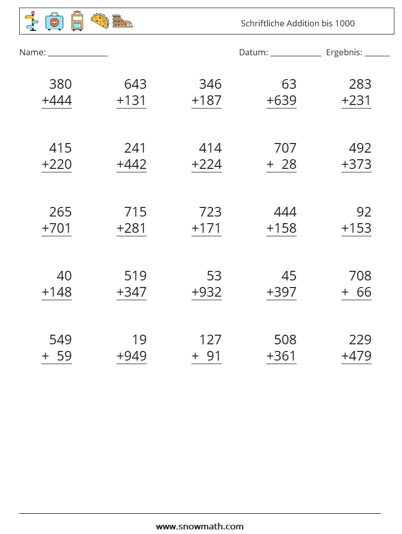 (25) Schriftliche Addition bis 1000 Mathe-Arbeitsblätter 16