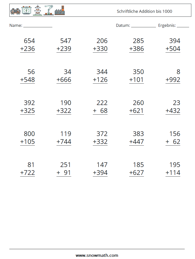 (25) Schriftliche Addition bis 1000 Mathe-Arbeitsblätter 17