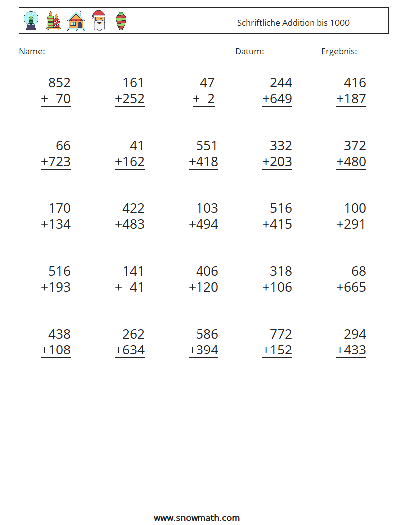 (25) Schriftliche Addition bis 1000 Mathe-Arbeitsblätter 18