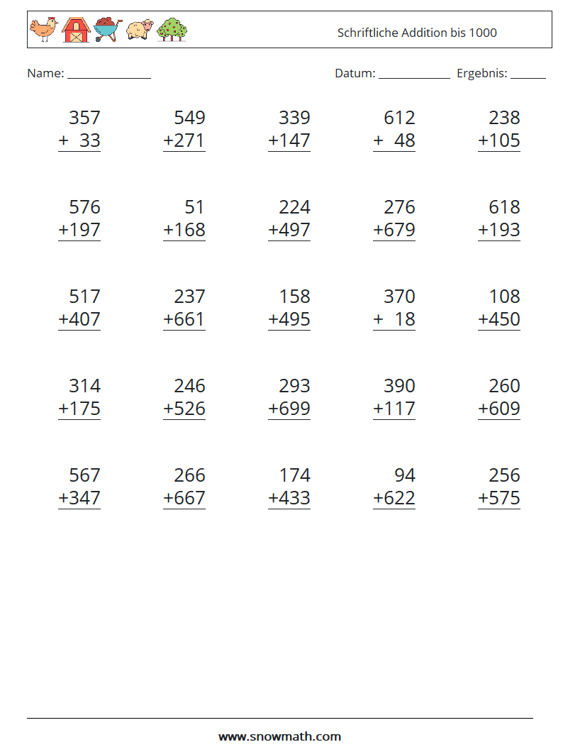 (25) Schriftliche Addition bis 1000 Mathe-Arbeitsblätter 2