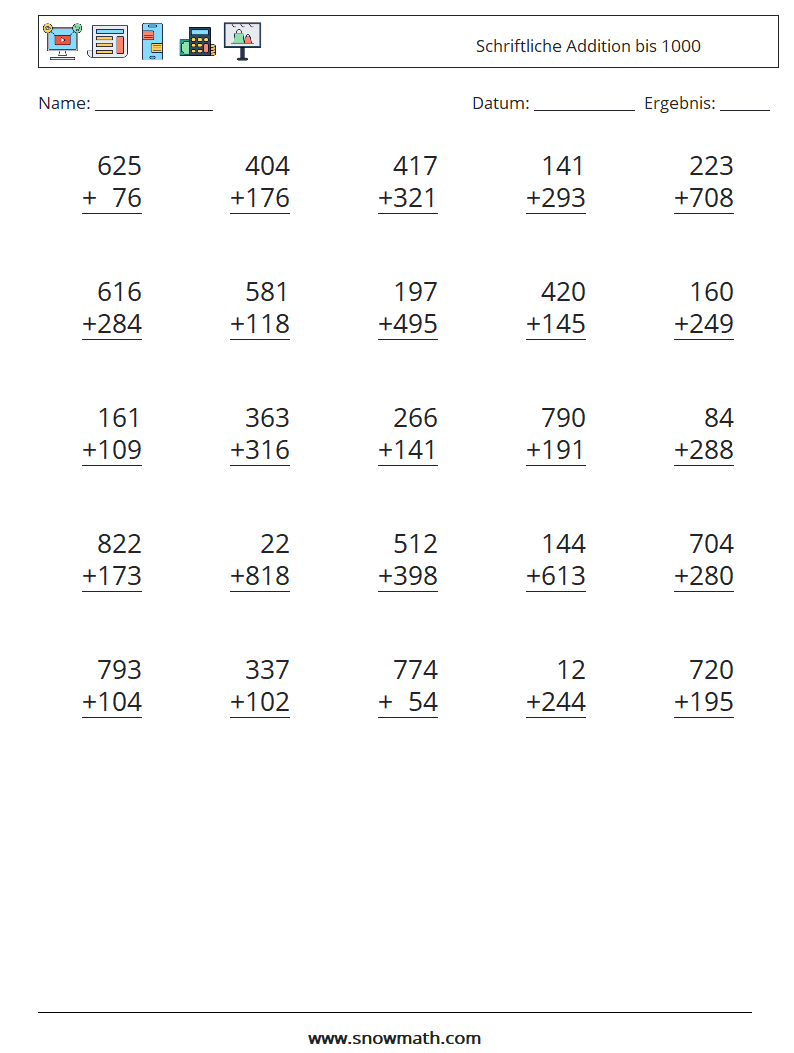 (25) Schriftliche Addition bis 1000 Mathe-Arbeitsblätter 3