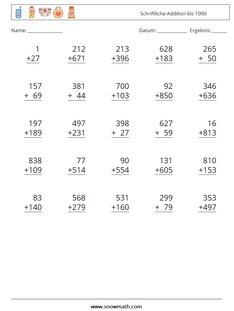 (25) Schriftliche Addition bis 1000 Mathe-Arbeitsblätter 4