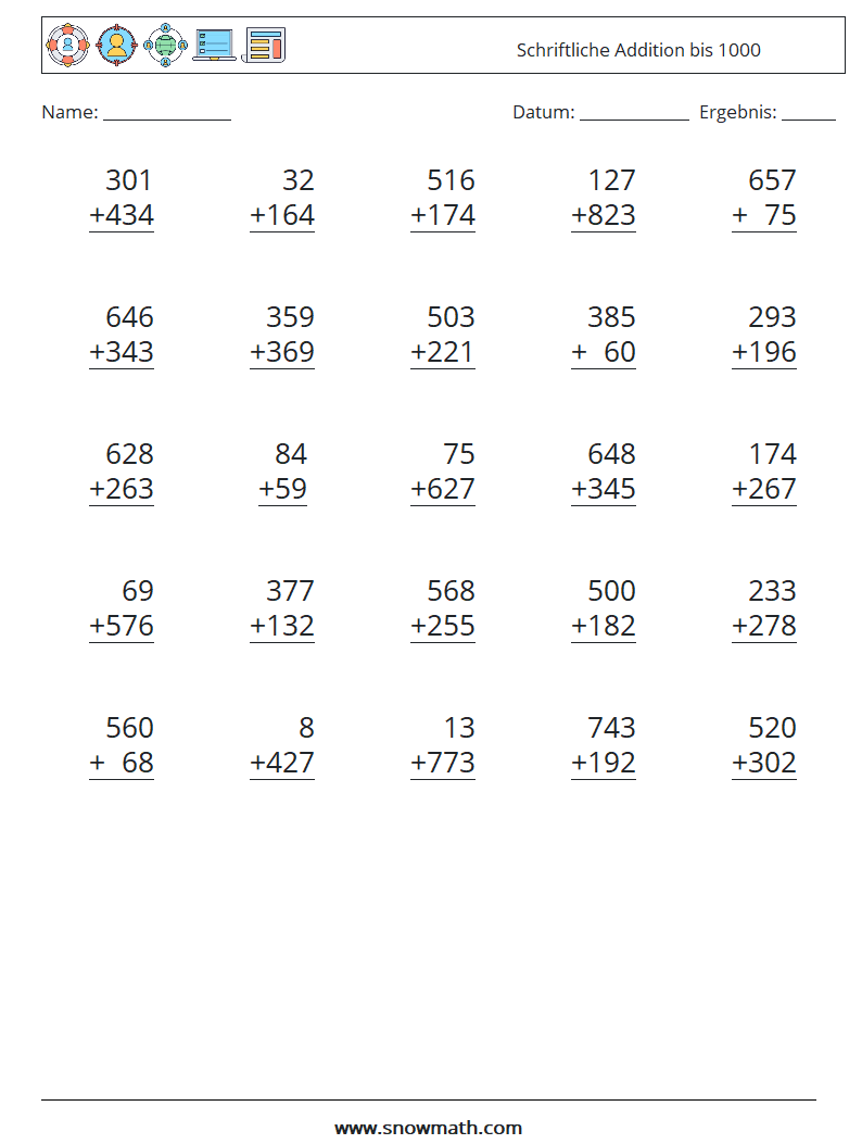 (25) Schriftliche Addition bis 1000 Mathe-Arbeitsblätter 5