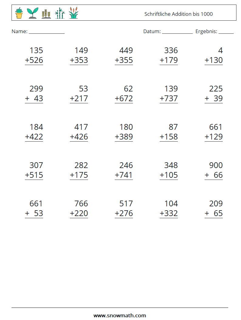 (25) Schriftliche Addition bis 1000 Mathe-Arbeitsblätter 6