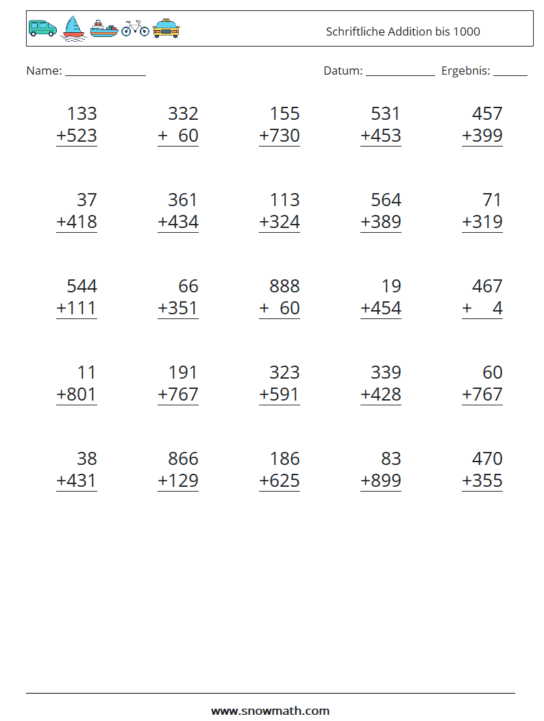 (25) Schriftliche Addition bis 1000 Mathe-Arbeitsblätter 7