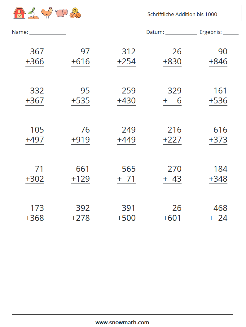 (25) Schriftliche Addition bis 1000 Mathe-Arbeitsblätter 8