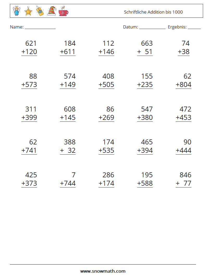(25) Schriftliche Addition bis 1000 Mathe-Arbeitsblätter 9