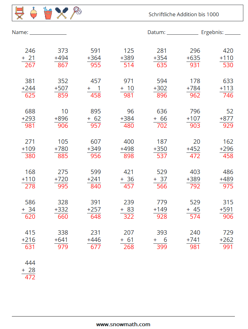 (50) Schriftliche Addition bis 1000 Mathe-Arbeitsblätter 11 Frage, Antwort