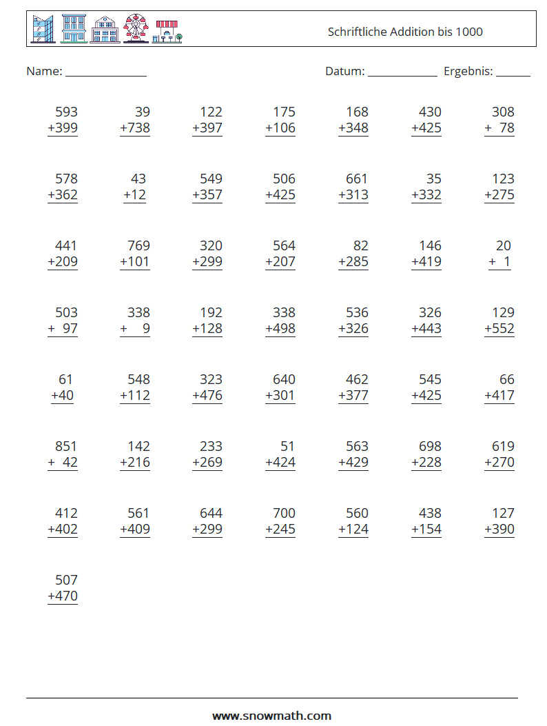 (50) Schriftliche Addition bis 1000 Mathe-Arbeitsblätter 12