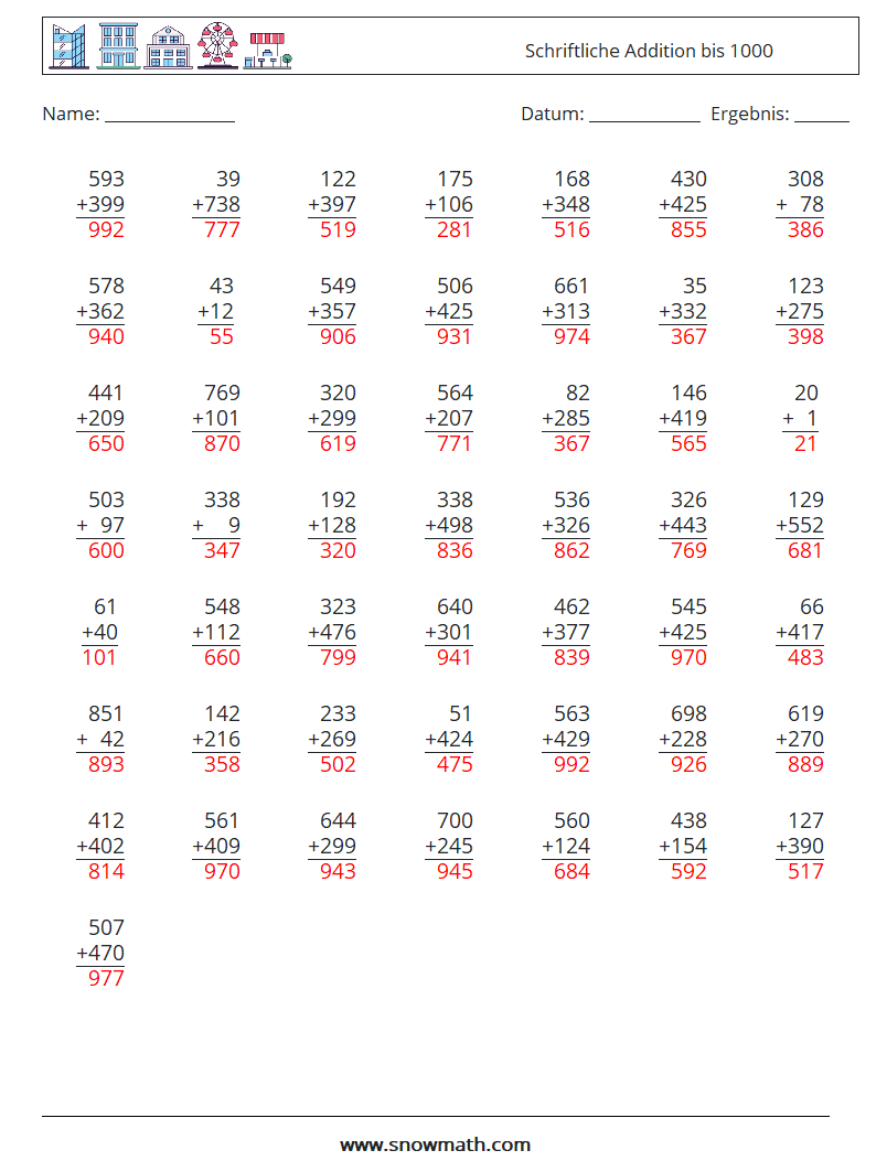 (50) Schriftliche Addition bis 1000 Mathe-Arbeitsblätter 12 Frage, Antwort