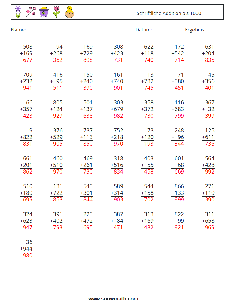 (50) Schriftliche Addition bis 1000 Mathe-Arbeitsblätter 13 Frage, Antwort
