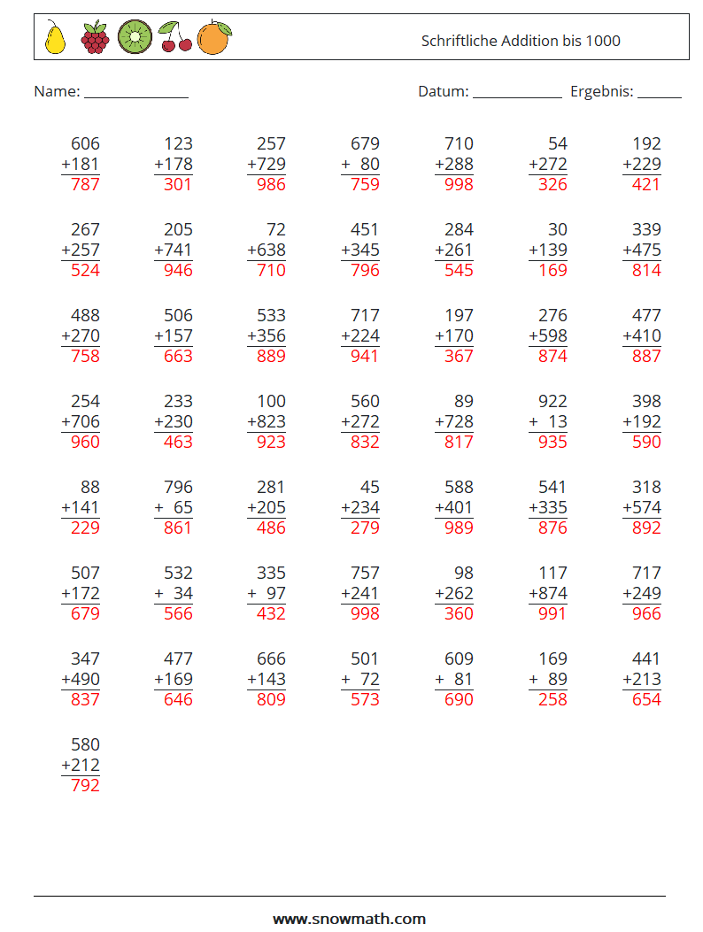 (50) Schriftliche Addition bis 1000 Mathe-Arbeitsblätter 15 Frage, Antwort