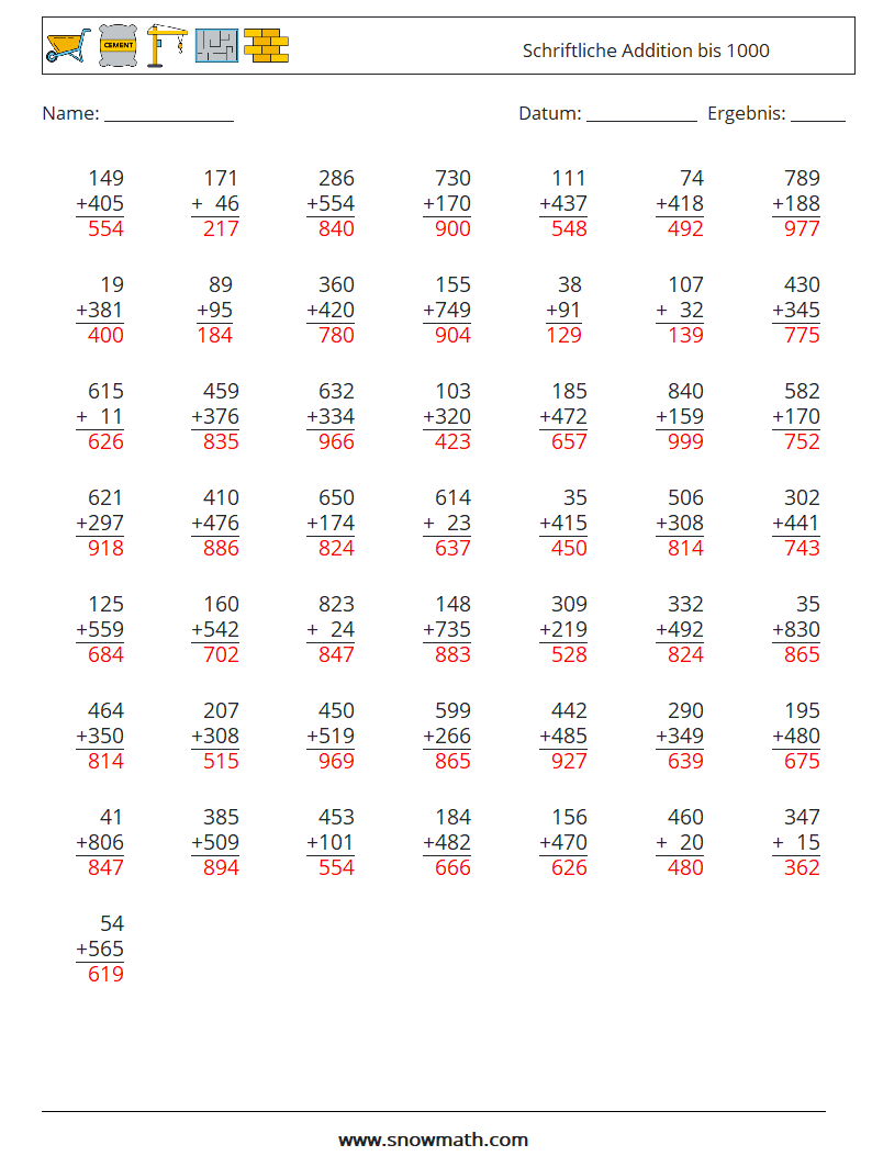 (50) Schriftliche Addition bis 1000 Mathe-Arbeitsblätter 16 Frage, Antwort