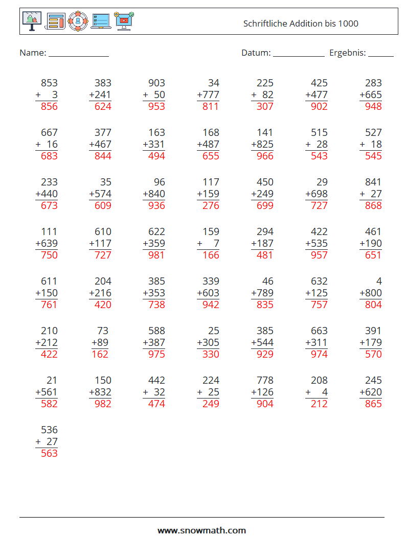 (50) Schriftliche Addition bis 1000 Mathe-Arbeitsblätter 17 Frage, Antwort