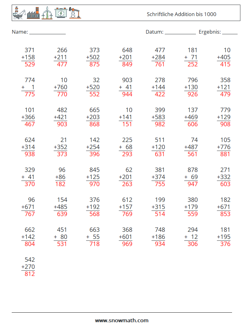 (50) Schriftliche Addition bis 1000 Mathe-Arbeitsblätter 18 Frage, Antwort