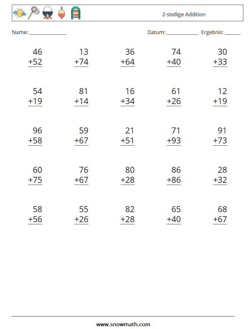 (25) 2-stellige Addition Mathe-Arbeitsblätter 10