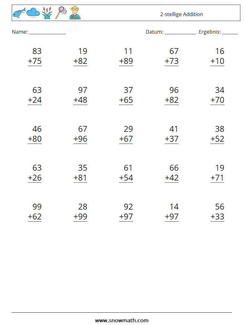 (25) 2-stellige Addition Mathe-Arbeitsblätter 11