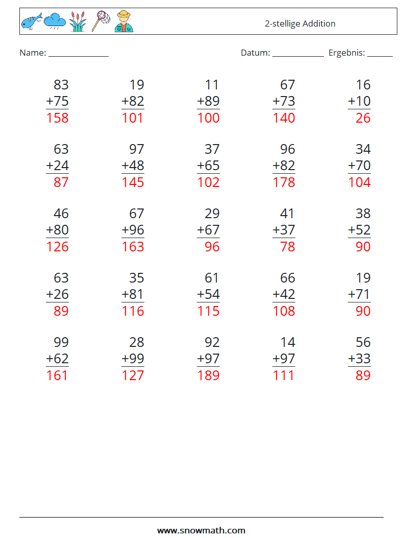 (25) 2-stellige Addition Mathe-Arbeitsblätter 11 Frage, Antwort