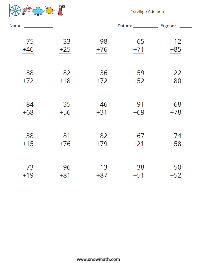 (25) 2-stellige Addition Mathe-Arbeitsblätter 12