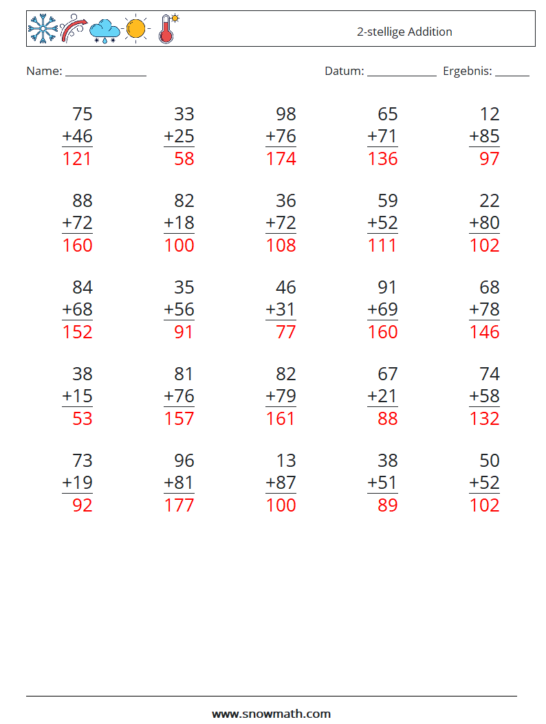 (25) 2-stellige Addition Mathe-Arbeitsblätter 12 Frage, Antwort