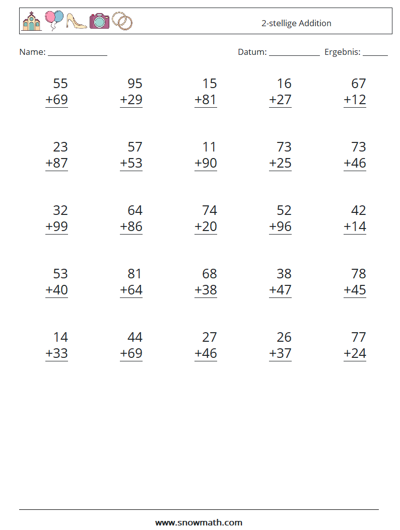 (25) 2-stellige Addition Mathe-Arbeitsblätter 13