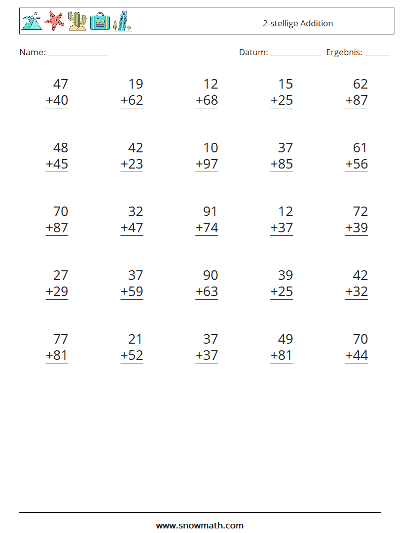 (25) 2-stellige Addition Mathe-Arbeitsblätter 14
